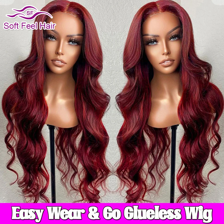 Glueless Wear And Go Wig Preplucked Body Wave Human Hair Wigs For Women Burgundy 4X6 Glueless Wig 99J Red PreCut Wig Ready To Go