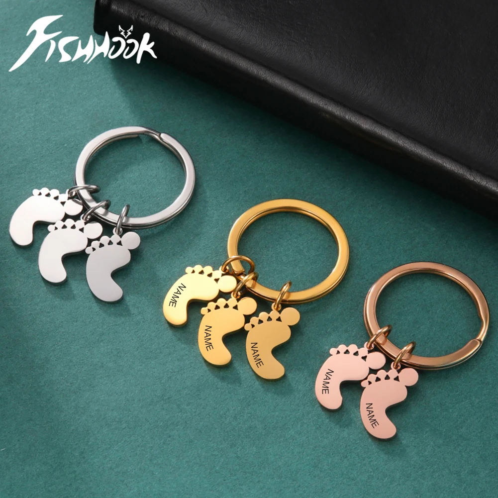 Fishhook Baby Foot Personalized Keychain Mother Kid Child Father Custom Name Key Chain Ring Family Gift For Women Man Jewelry