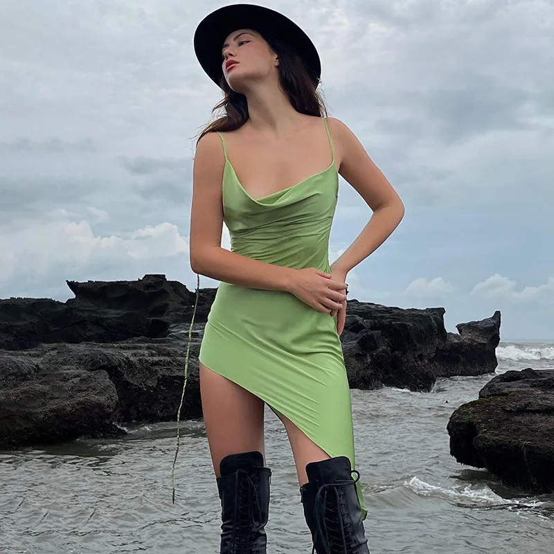 Satin Summer Dress Irregular Hem Spaghetti Straps Cowl Neck Backless Mini Dresses for Women Party Sexy Vestidos 2022
