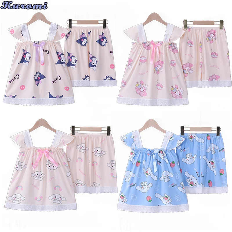 

Kawaii Sanrio MyMelody Cinnamoroll Kuromi Kids Pajamas Summer Short Sleeve Camisole Vest Sanrios Cute Cartoon Homewear Set Gift