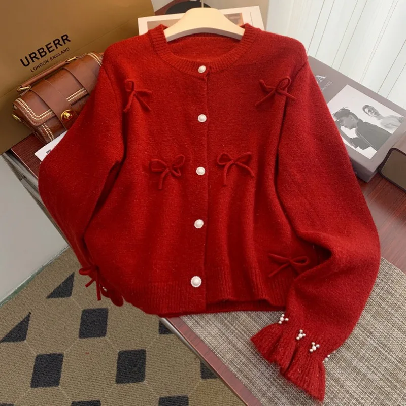 Красный вязаный кардиган женский белый свитер с бисером шикарная корейская