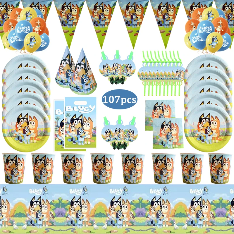 

107pcs Cartoon Blue Dog Kids Birthday Party Supplies Disposable Tableware Set Paper Plate Cup Napkin Flag Blue Dog Decoration