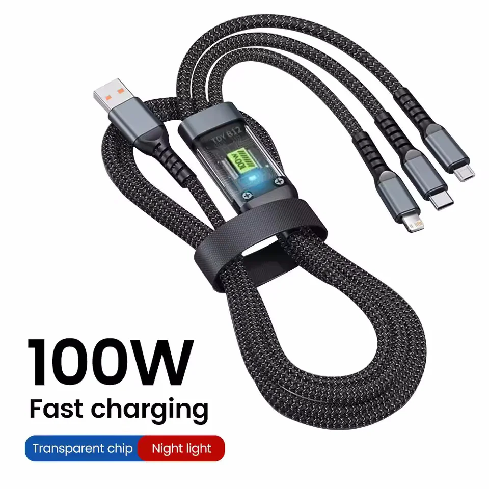 100W 3'ü 1 Arada Şeffaf Pilot Lambalı Süper Hızlı Şarj Kablosu 6A Evrensel Tip C Usb Micro ile iPhone Xiaomi Samsung Huawei için