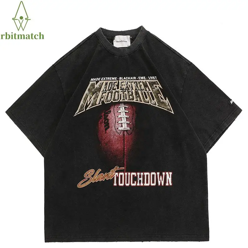 

2022 Men Hip Hop T-Shirt Streetwear Vintage Washed Football Graphic T Shirt Harajuku Cotton Tshirt Summer Short Sleeve Tops Tees