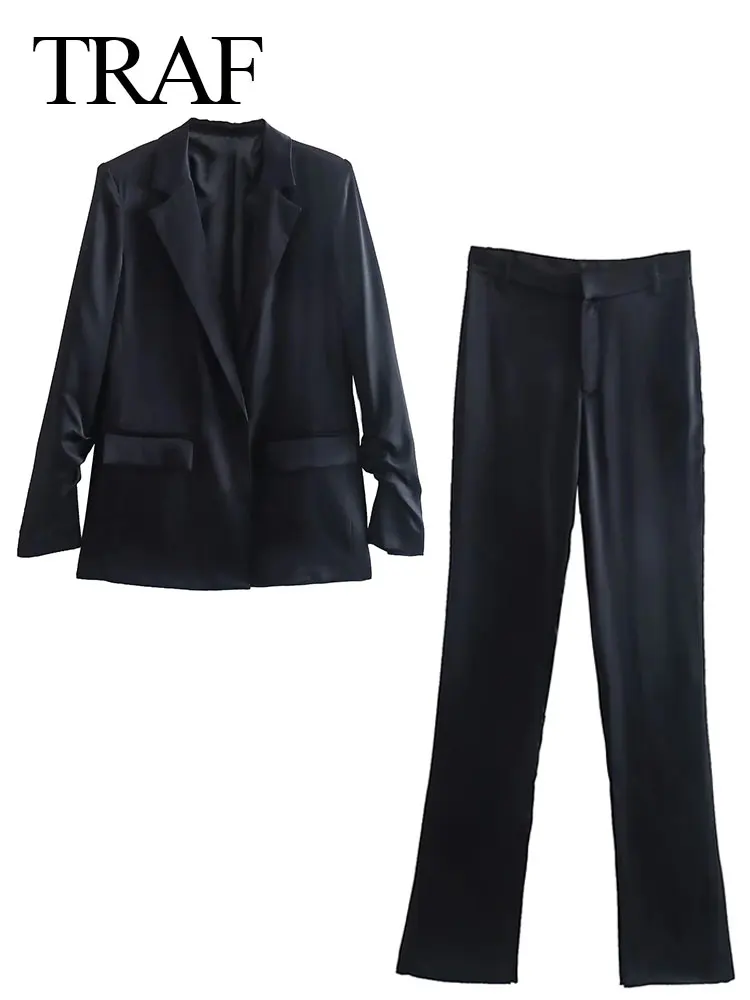 

Однотонный черный костюм TRAF, пиджак, повседневный яркий блейзер и облегающие брюки, модный шикарный брючный комплект, 2022