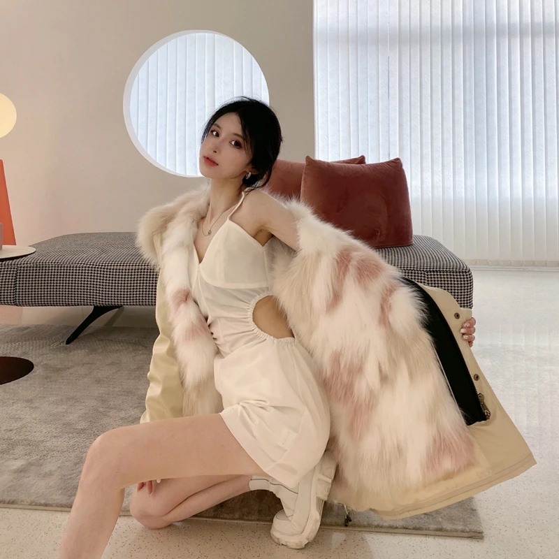 OZ Women's Winter Real Fur Coats Parkas Women Detachable Liner Jacket Overcoming Hood Fur Coat Genuine Fur Coat Women