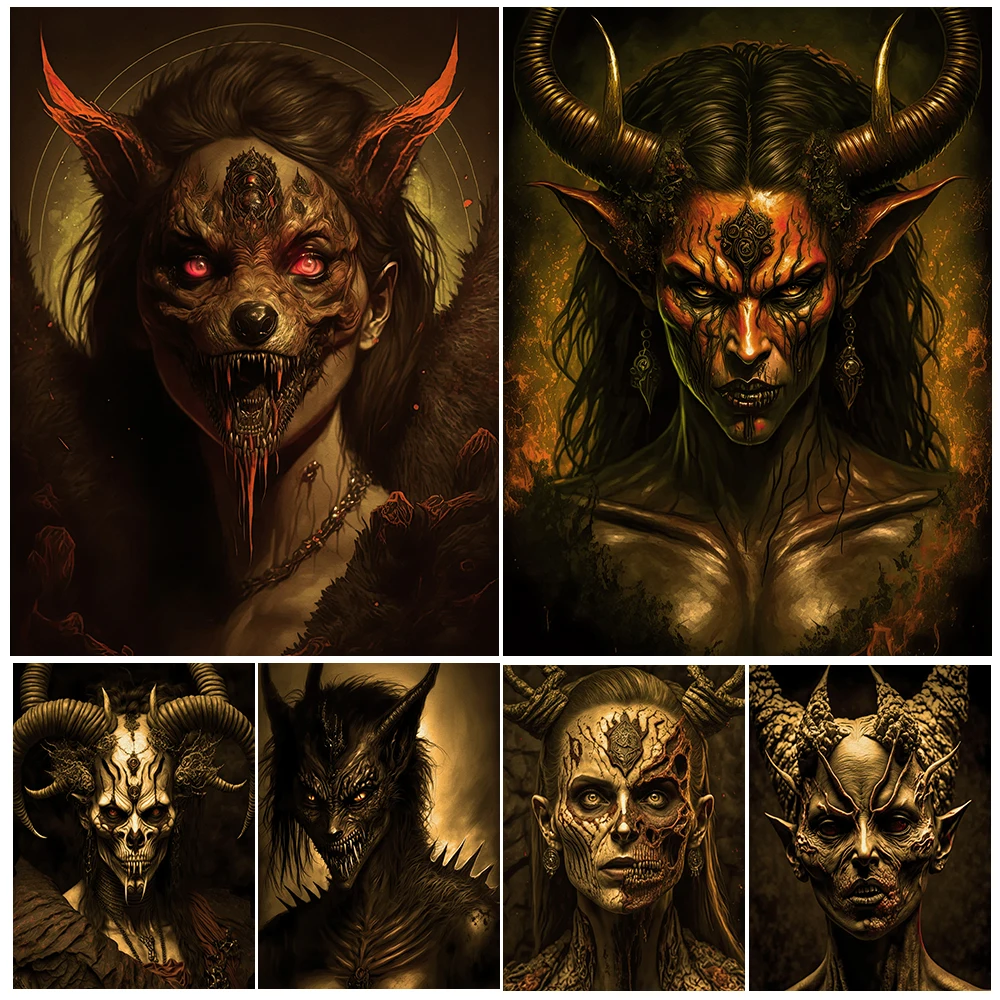 Портрет дьявола с длинными рогами винтажный настенный художественный холст