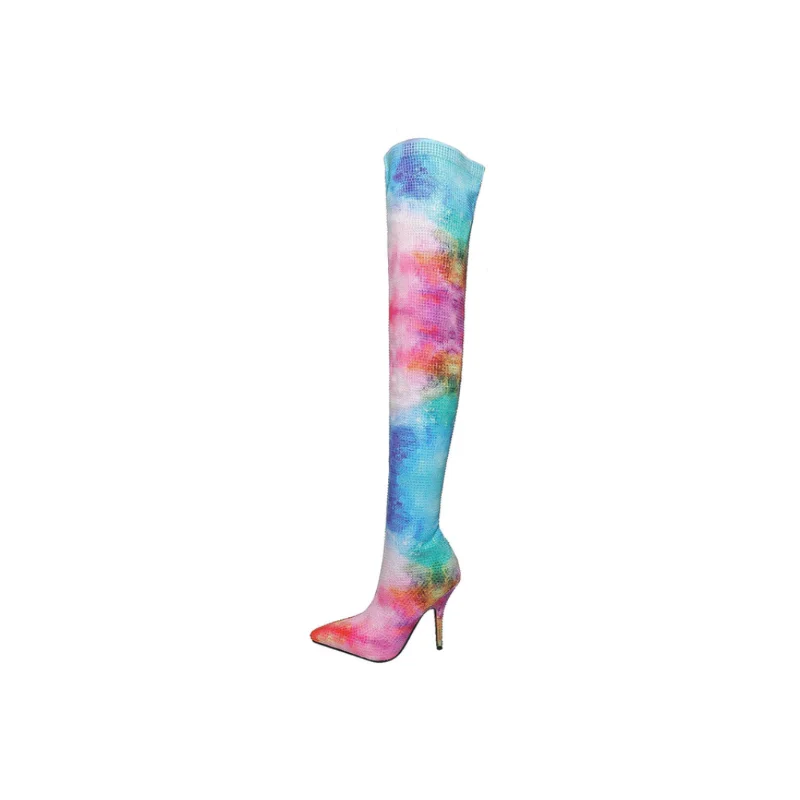 Slender High Heels Over Knee Boots Colorful Rhinestone Long Tube High Tube European and American Women's Boots Knee High Boots