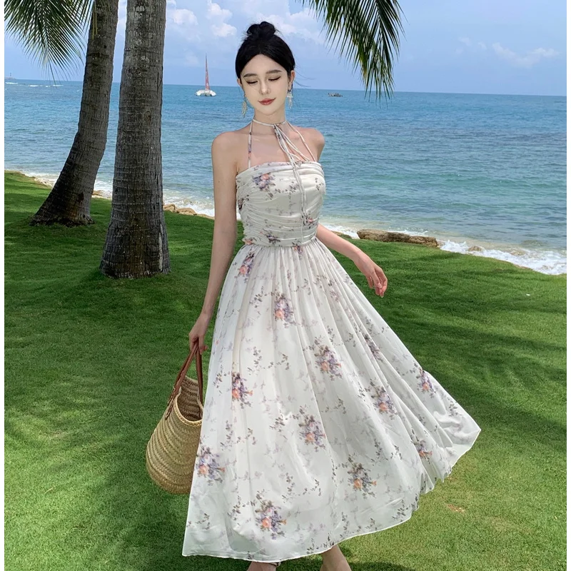 

2023 New Women Backless Beach Quinceanera Sundress Summer Elegant Retro Chic Slim Floral Vacation Prom Long Bridesmaid Dress