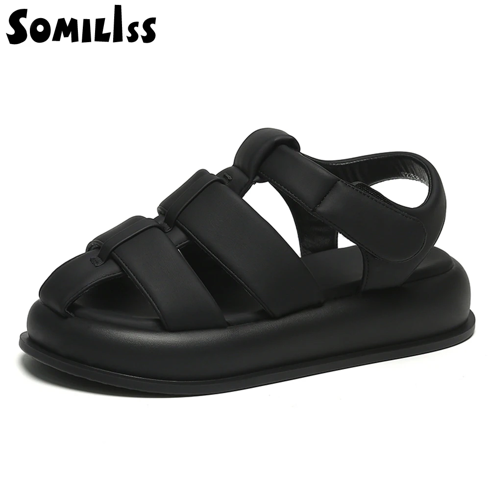 SOMILISS Women Summer Platform Sandal Hook And Loop Fastener Environmental Microfiber Leather Ladies Fashion Flat Casual Shoes