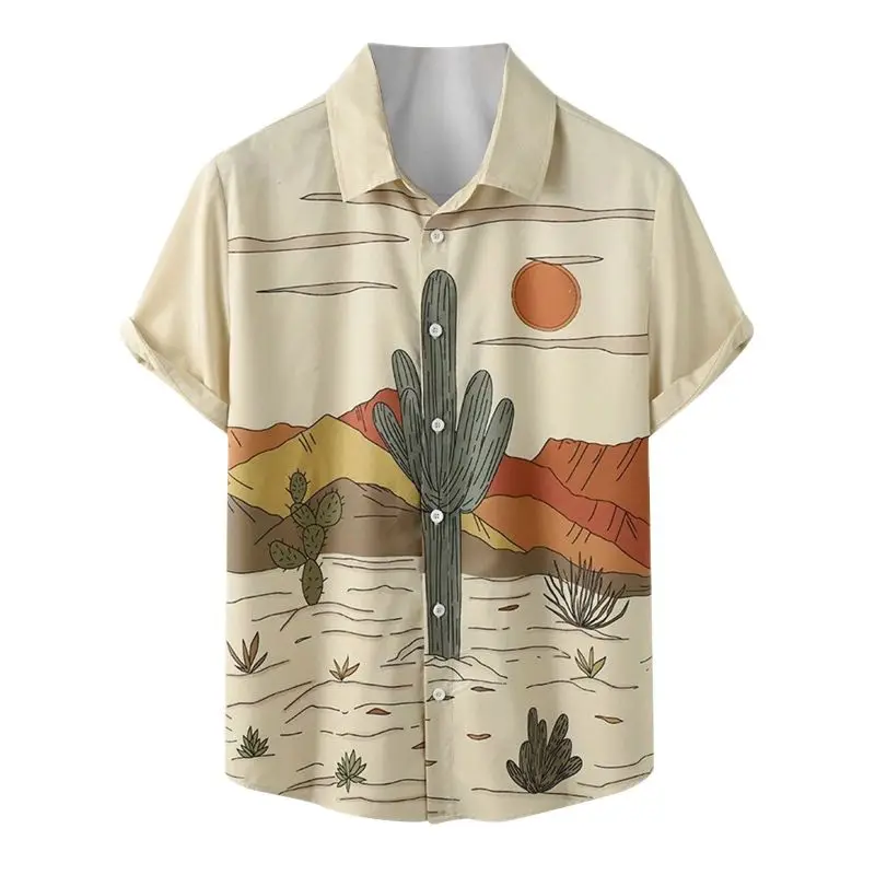 

2023 Summer Hawaiian Shirt Designer Men Cactus Desert Landscape Print Shirts Tropical Plant Short Sleeve Shirts Vintage