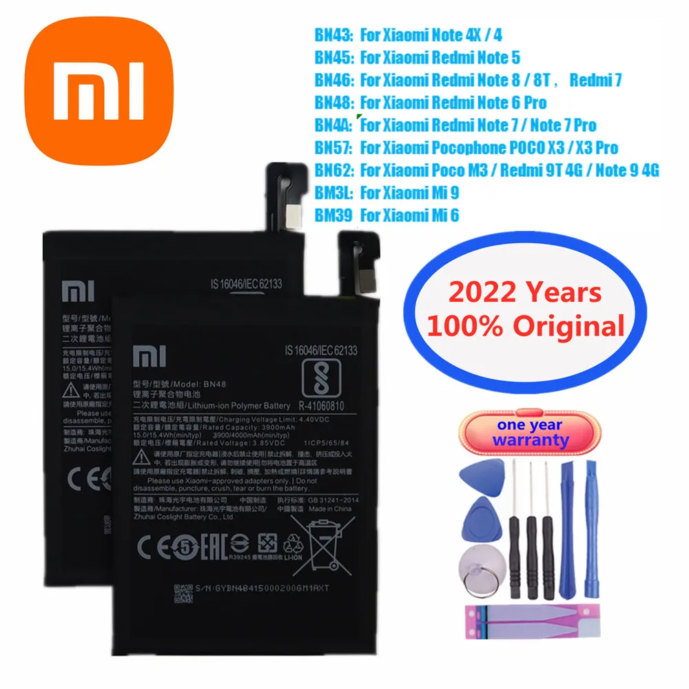 

2022 100% Original Battery Mi For Xiaomi Redmi Note 4 4X 5 6 7 8 8T 9 9T Pro Mi6 Mi9 Pocophone Poco M3 X3 Pro Batteries Bateria