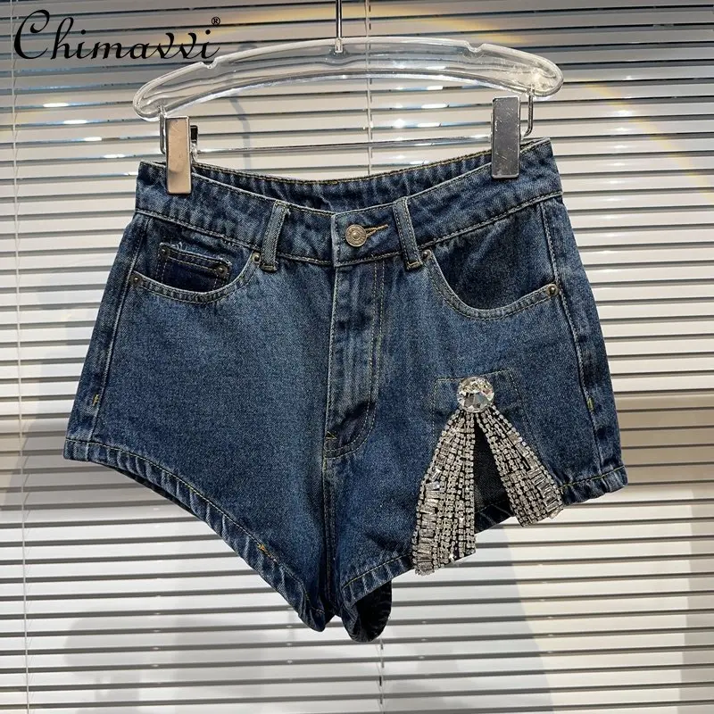 High Waisted Jean Shorts Female 2023 Summer New Rhinestone Bow Split Washed Cotton Ultra Short Jeans Women Clothing Women Shorts
