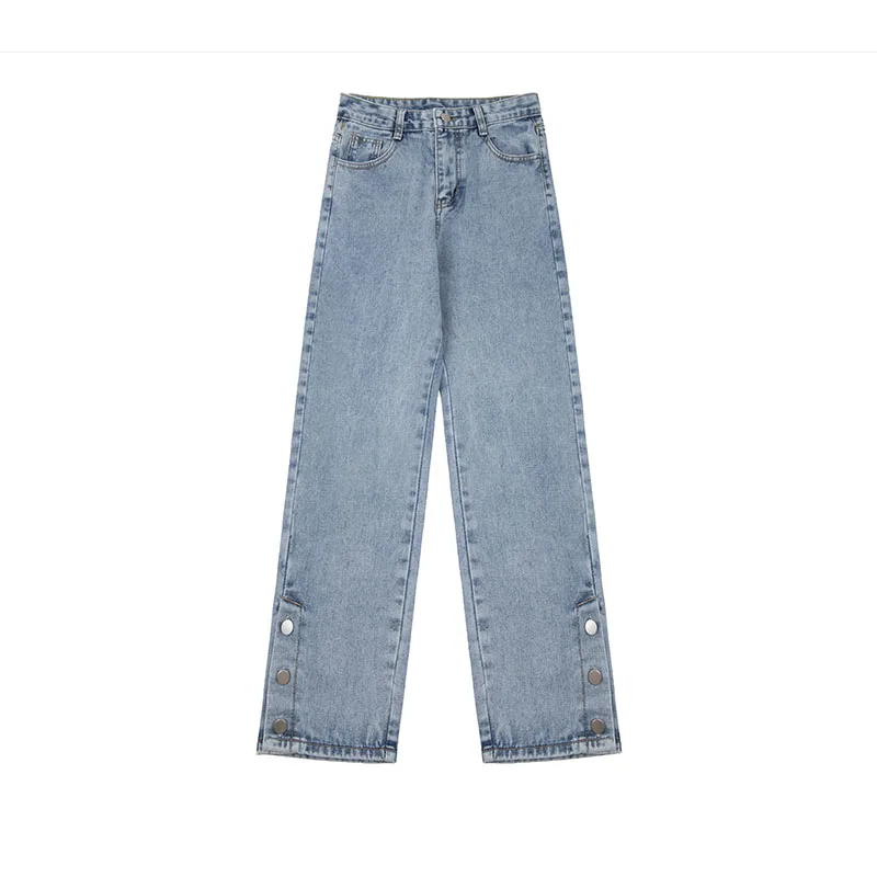 

Streetwear Denim Flare Pants Woman High Waist Vintage Blue Button Split Jeans Woman Straight Tube Long Pants