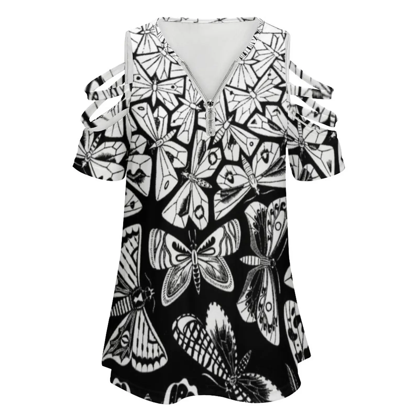 Фото Женская футболка Butterflies Tessellation 1950-Maurits Cornelis Escher, новые модные футболки с короткими рукавами и v-образным вырезом на молнии с принтом №2