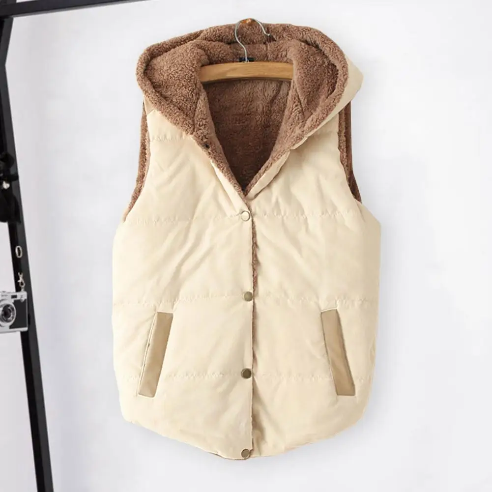 

Women Vest Coat Hooded Plush Lining Loose Fit with Pockets Keep Warm Solid Color Autumn Winter Casual Lady Waistcoat Jacket