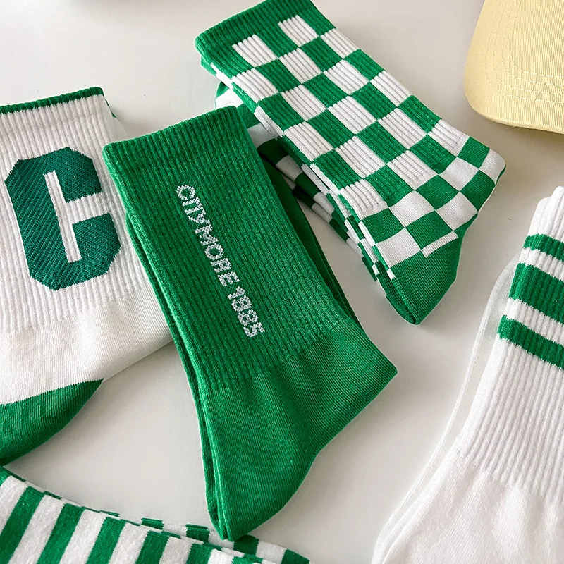 Online Celebrity Trend Letter Big C Socks Women Spring and Summer New Ins Checkerboard Socks Blue-green Striped Letter Socks DL