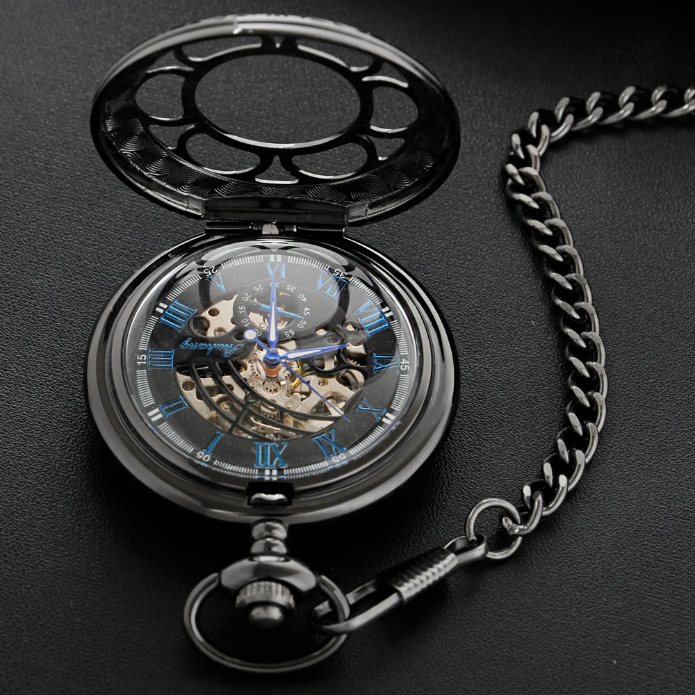 Featured Sculpture Hollow-Out Pocket Watch Robot Hand Style Steam Punk Necklace Fob Watch Chain Blue Roman Digital Clock Gift
