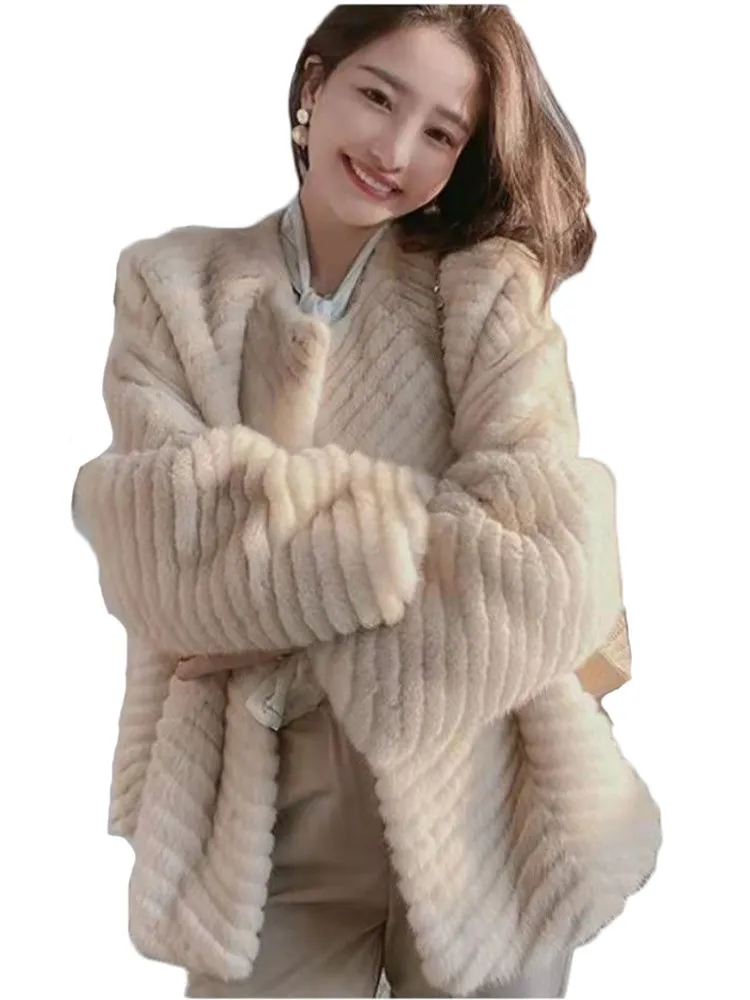 2022 Autumn And Winter New Imitation Mink Fur Coat Women Casual Simple Round Neck Slim Coat Trend Beige N1528
