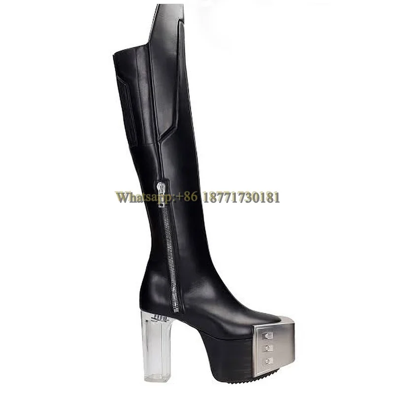 Metal Toe Transparent Heel Knee Boots Rider Boots Women's Shoes High Heel Round Toe Side Zipper Tall Boots Spring Autumn Winte