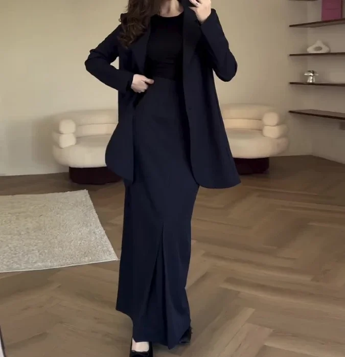 Французский женский элегантный комплект с длинными платьями однотонный костюм