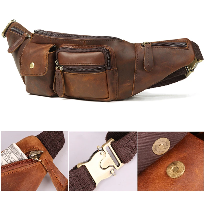

Layer Waist Shoulder Pack Cowhide Bag Bag Male Travel Sling Leather Men Messenger Chest Top Waterproof For Genuine Crossbody