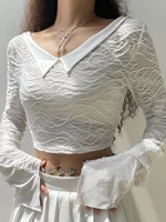 white vintage top women mesh tshirts navel see through spring autumn fashion new solid crop top y2k clothes fahion harajuku girl