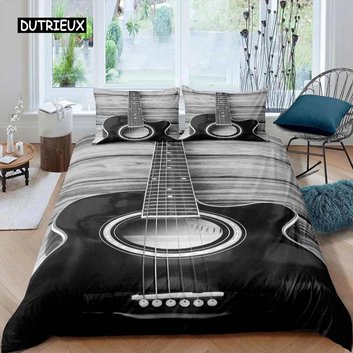 Guitar Duvet Cover Set Music Theme Bedding for Teens Microfiber Vintage Grey on Wooden Floor Quilt Queen King Size