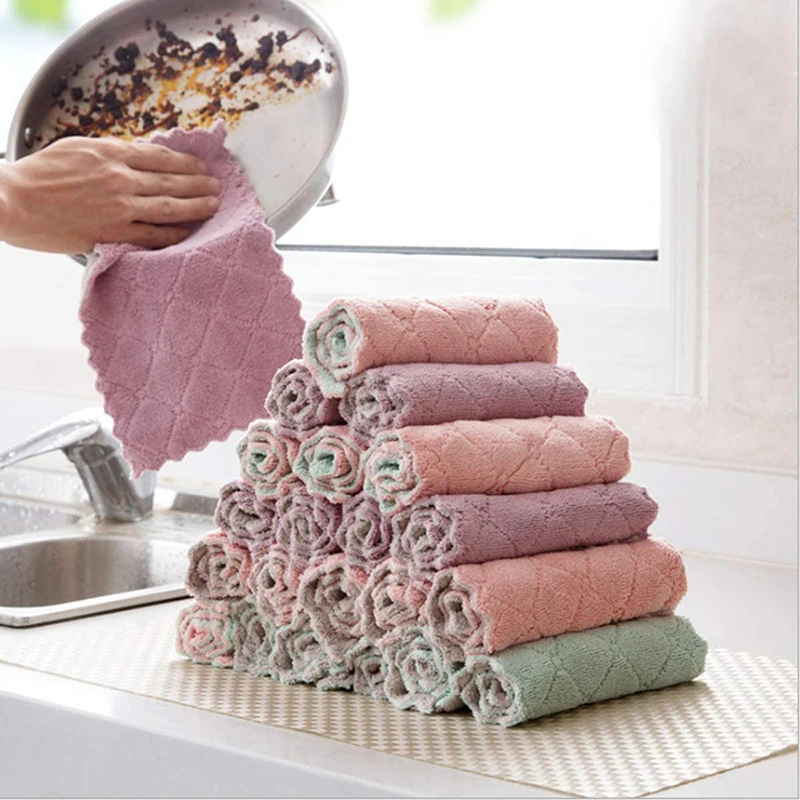 

5pcs Double-layer Absorbent Microfiber Kitchen Dish Cloth Non-stick Oil Household Cleaning Cloth Wiping Towel Home Kichen Tool