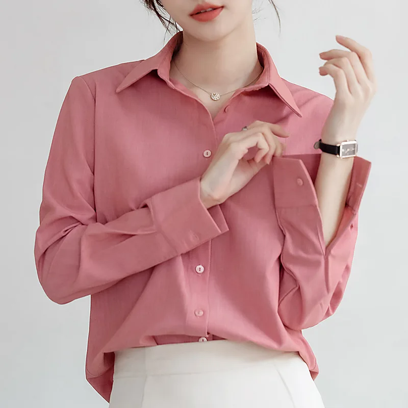 

Loose Office Lady Turn Down Collar Shirt New Fashion Casual Solid Color Autumn Long Sleeve Women Blouse Shirt