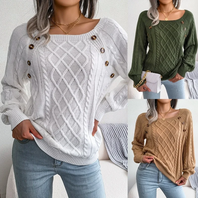

2022 Autumn and Winter Casual Pullover Loose Square Collar Button Long-sleeve Knitted Sweater Women Fashion Y2K Pullover 23222