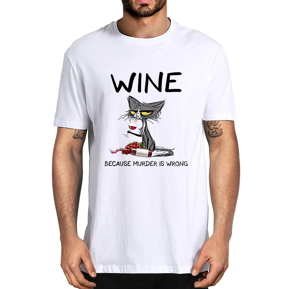 

100% Cotton Black Cat Wine Because Murder Is Wrong Funny Men's Novelty T-Shirt Women Casual Streetwear Soft Top Tee Harajuku