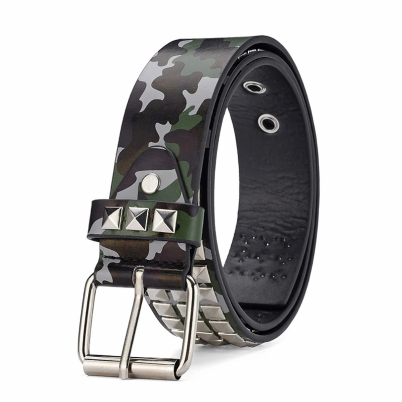 

Fashionable Punk Waist Strap with Four Sided Beaded Rivets and Camo Leather for Streetwear and Unique Style