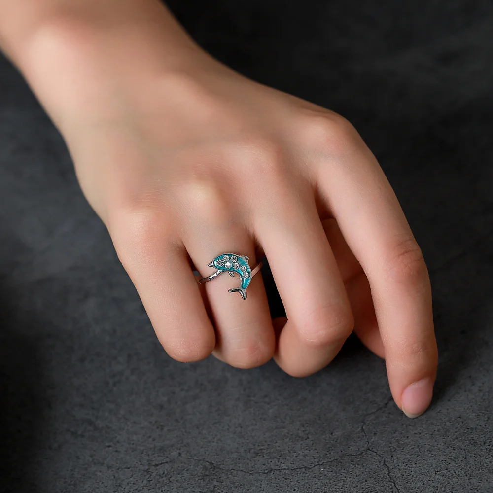 

Trendy Blue Dolphin Ring for Women Girls Lovely Animal Dolphin Charm Inlaid Zircon Adjustable Rings Party Gifts Jewelry 2023