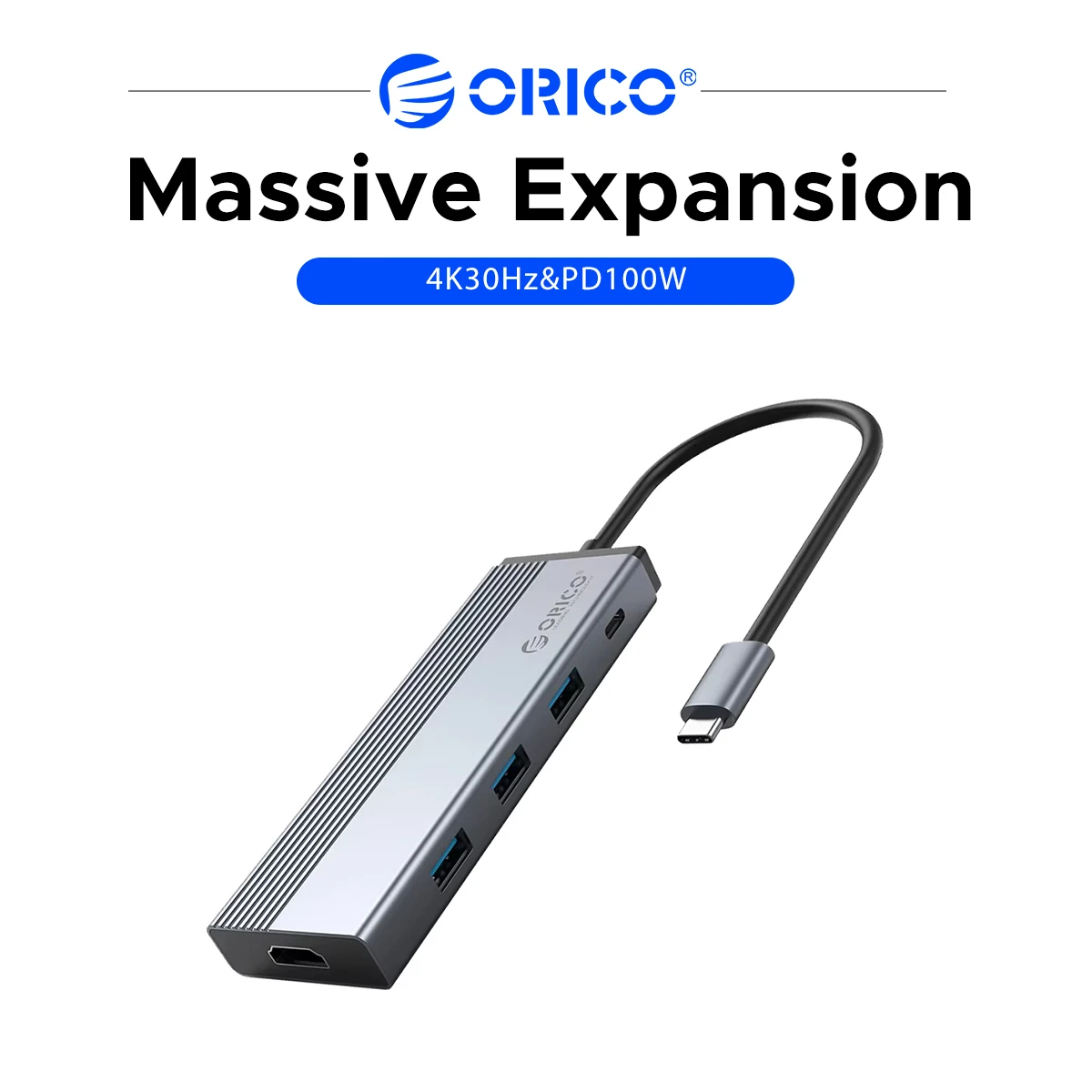 Фото Многопортовый адаптер ORICO 5 в 1 USB C Hub Type C с HDMI, RJ45 Ethernet, USB3.0, зарядной док-станцией PD 100 Вт и разветвителем для MacBook Pro и ноутбуков №1