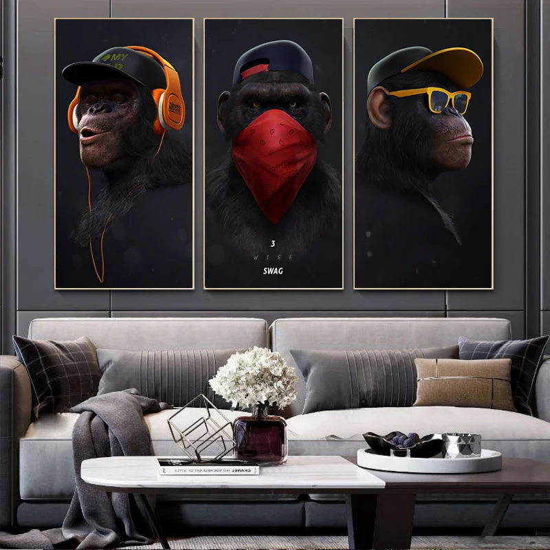 

Black 3 Hip Hop Masked Orangutan Poster And Prints Abstract Music Monkey Canvas Painting Living Room Home Decor Wall Art Picture