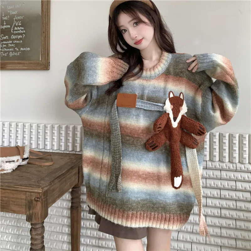 

Женский ретро-контрастный Цветной полосатый свитер, свежий стиль девушки, новый пуловер, ленивый трикотаж, 418, 2023