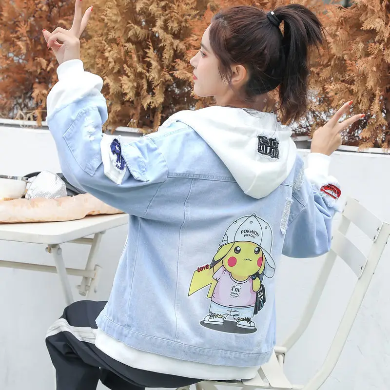 TAKARA TOMY Pokemon Pikachu Big Boy Autumn Student Cartoon Print Denim Jacket Stitching Jacket