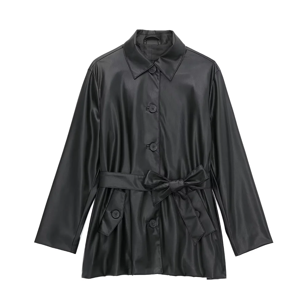 

PB&ZA Leather Jacket Women Autumn/Winter Coat Belt Unisex Single Breasted Black Loose Streetwear Casual Female Clothing 5071223