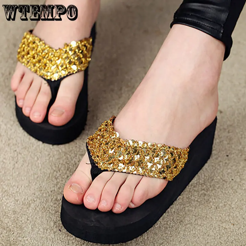 WTEMPO Women Summer Sandals Sequins Beach Female Flip Flops Girls High Heel Shoes for Platform Wedge Slippers Wholesale