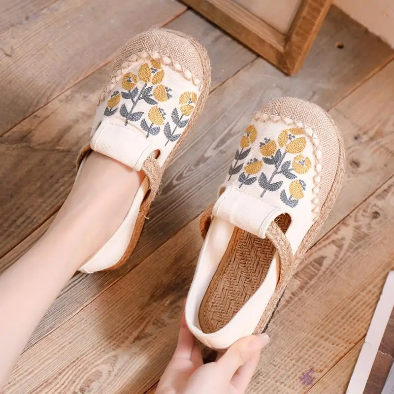 

All-Match British Style Shoes Woman 2022 Casual Female Sneakers Round Toe Flax Slip-on Preppy New Linen Slip On Rome PU Cotton F