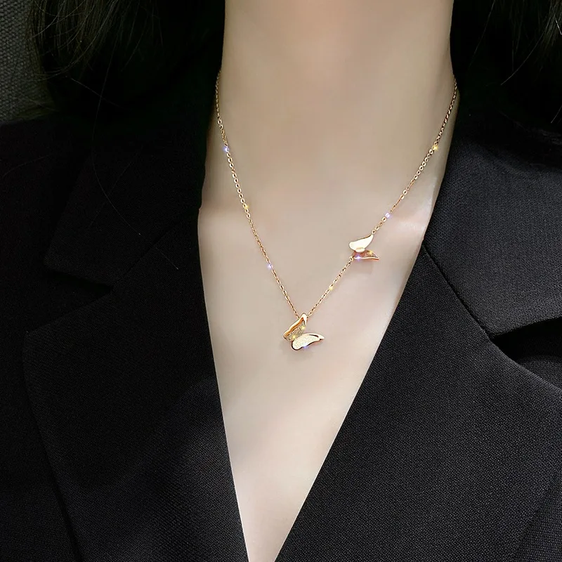 

LATS Luxury Titanium Steel Butterfly Necklaces for Women Non-fading Frosted Gold Color Chain Choker Necklace Fashion Jewelry