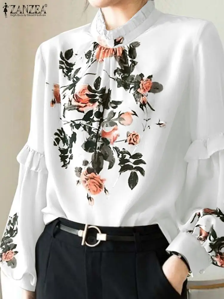 

Fashion Casual Elegant Holiday Chemise Bohemian Floral Printed Blouse ZANZEA Women Full Sleeve O-Neck Buttons Blusas Femininas