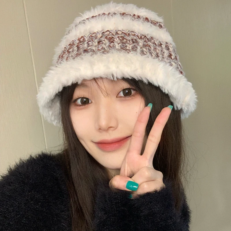 

Плюшевая теплая шапка-ведро, новинка 2023, осенне-зимние полосатые универсальные рыболовные шапки с защитой ушей, женские шапки с большой головкой