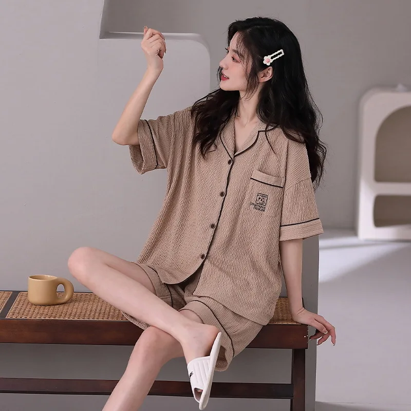 Cotton Women Pajamas Sets Pocket Pyjamas Female Loungewear Button Down Pijamas Short Sleeve Top Shorts Suit Sleepwear Nightwear