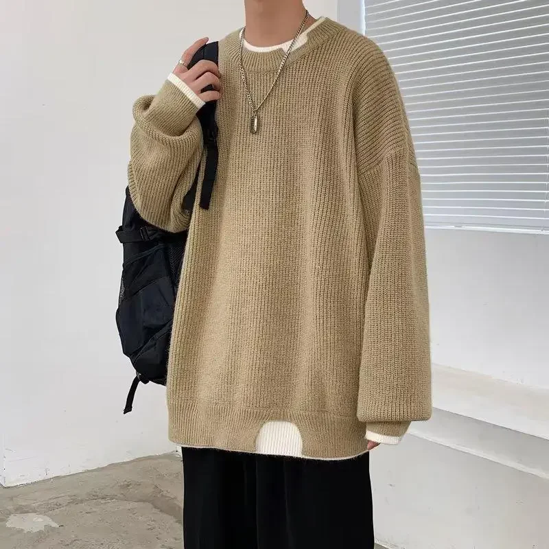 Осенний толстый мужской свитер модный брендовый свободный вязаный топ с круглым