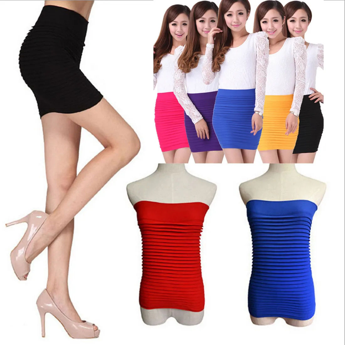 

Elastic Pleated Mini Skirt For Women Fashion Solid Color High Waist Short Pencil Skirts Ladies Casual Street Wear Clothing
