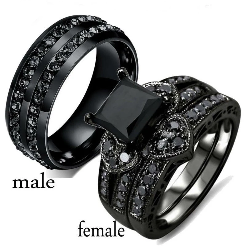 

Fashion Men/Women Black Ring Simple Stainless Steel Zircon Men Ring Romantic Rhinestones Heart Women Ring Set Engagement Gift