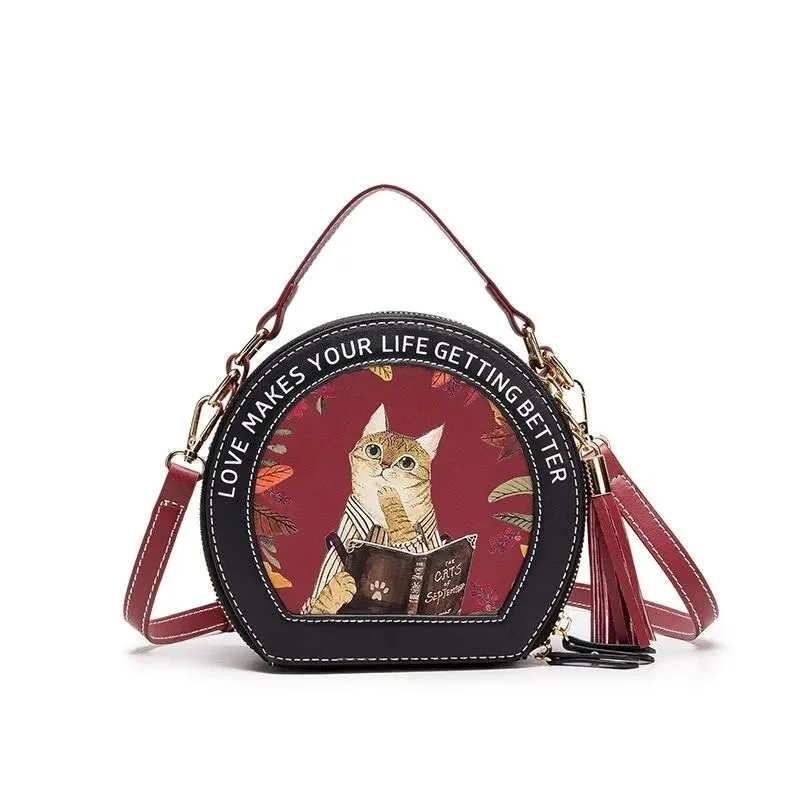 MBTI Cute Cat Lolita Womens Shoulder Bag Funny Print Circular Designer Student Handbag Pu Leather Lovely Ins Fashion Female Bag
