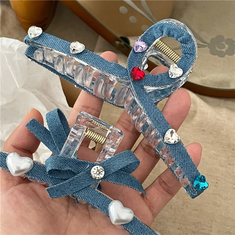 Rhinestones Blue Denim Bow Hair Claw Woman Accesories Luxury Fascinator For Women Accessories Luxury Plush 2023